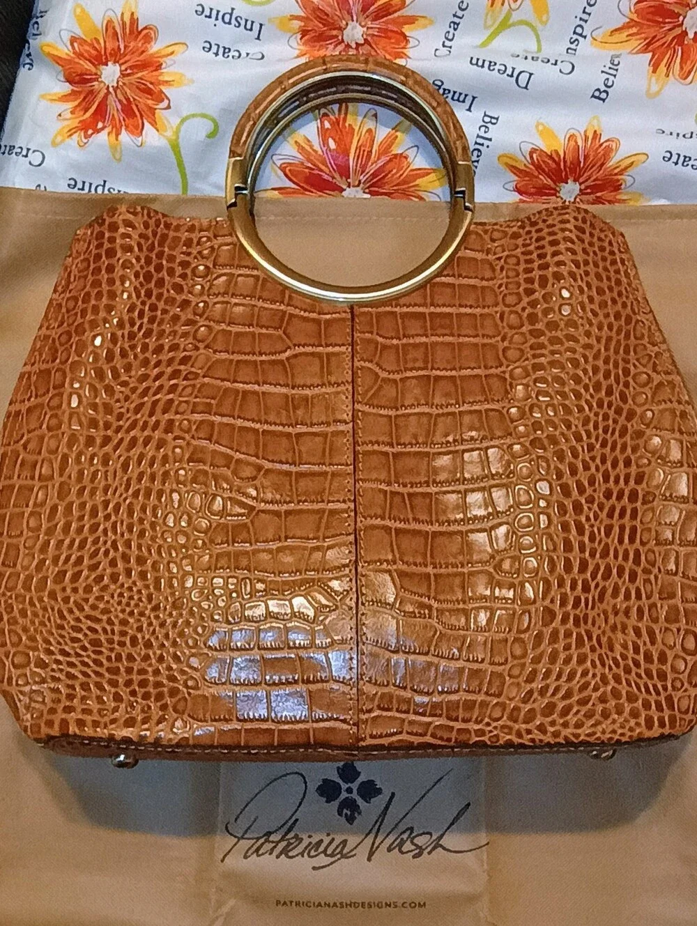 Patricia Nash Cognac Arenzano Leather Croc-Embossed Tote with Gold Ring Handle